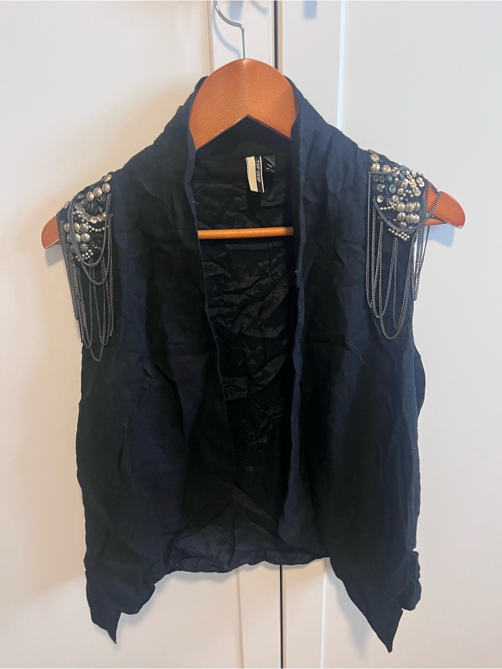 Topshop 100% Wool Embellished Shoulder Chain Fringe Vest Military Glam Black M